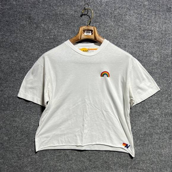 Aviator Nation Tops - Aviator Nation T Shirt Womens Large White Rainbow Embroidered Raw Hem California